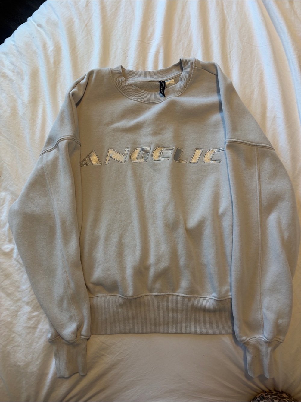 Divided Light Gray Crewneck Sweatshirt with Metallic 'ANGELIC' Logo